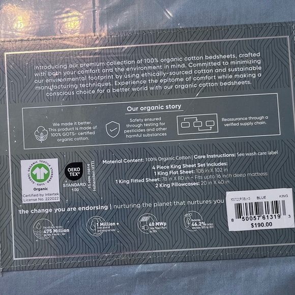 Organic Cotton King Size 300 thread count Sheet Set Brand new never used Blue - Picture 3 of 10